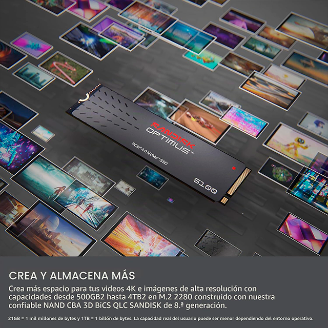 Unidad De Estado Solido SSD SanDisk Optimus 5100 1 TB, M.2 2280, PCIe 4.0 ×4, NVMe, Lectura 7100 MB/s, Escritura 6700 MB/s, sin Disipador – SDSP51100TAN-000E0