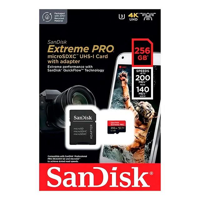 Memoria MicroSD SanDisk Extreme PRO, 256GB, UHS-I U3, V30, A2, hasta 200 MB/s – SDSQXCD-256G-GN6MA