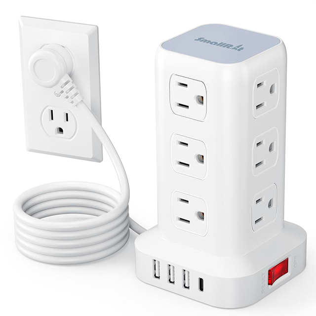 Torre Multicontacto SMALLRT, 12 salidas, 4 USB (1 USB-C), 1700J, cable 1.98 m – SMALLRT Torre blanco  