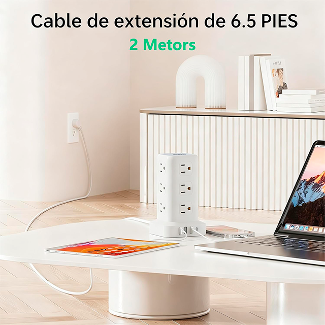 Torre Multicontacto SMALLRT, 12 salidas, 4 USB (1 USB-C), 1700J, cable 1.98 m – SMALLRT Torre blanco  