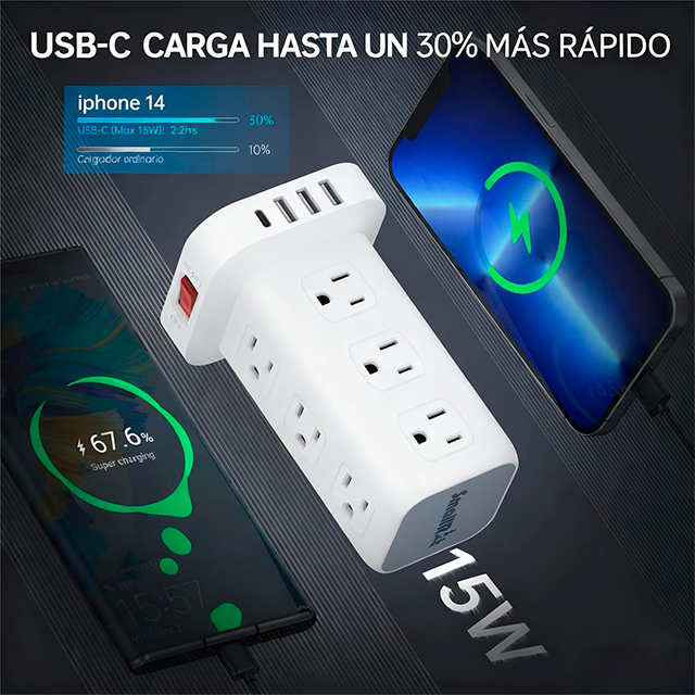 Torre Multicontacto SMALLRT, 12 salidas, 4 USB (1 USB-C), 1700J, cable 1.98 m – SMALLRT Torre blanco  