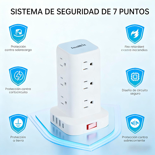Torre Multicontacto SMALLRT, 12 salidas, 4 USB (1 USB-C), 1700J, cable 1.98 m – SMALLRT Torre blanco  
