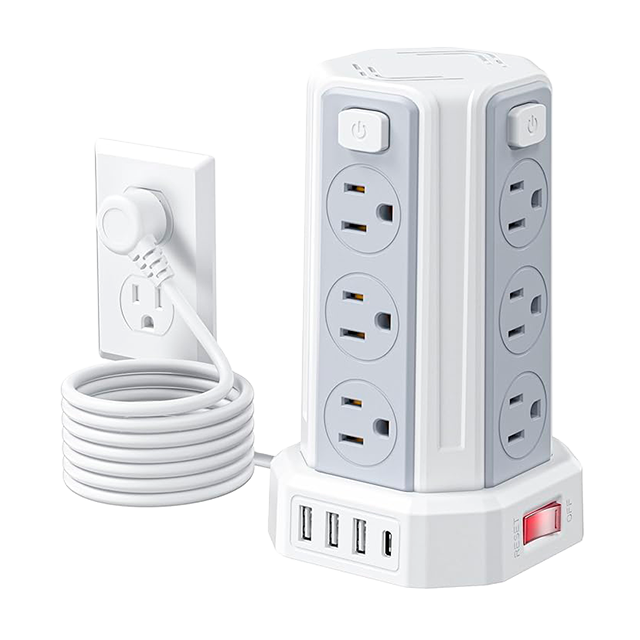 Torre Multicontacto SMALLRT, 12 salidas, 4 USB (1 USB-C), 1700J, cable 1.98 m – SMALLRT Torre blanco  
