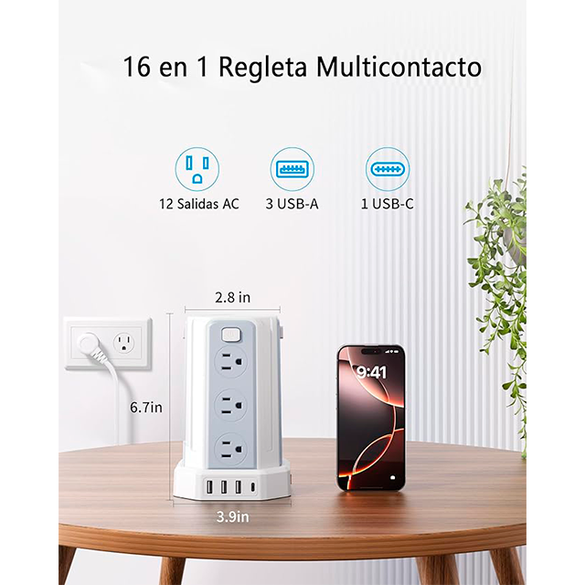 Torre Multicontacto SMALLRT, 12 salidas, 4 USB (1 USB-C), 1700J, cable 1.98 m – SMALLRT Torre blanco  
