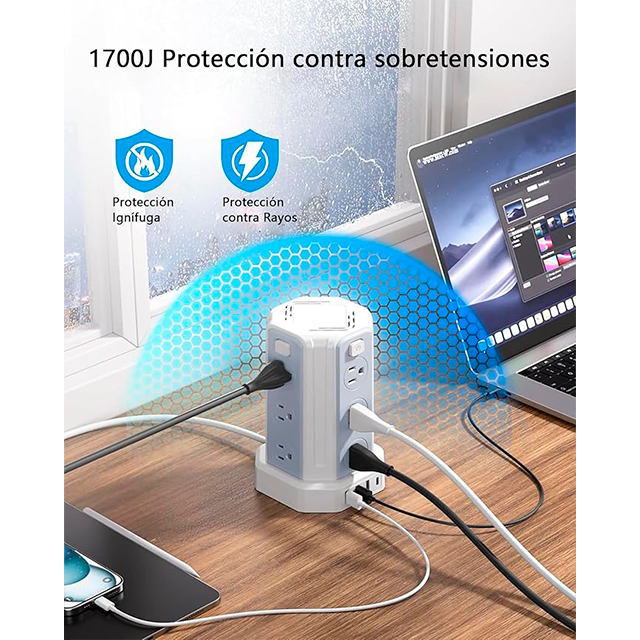 Torre Multicontacto SMALLRT, 12 salidas, 4 USB (1 USB-C), 1700J, cable 1.98 m – SMALLRT Torre blanco  