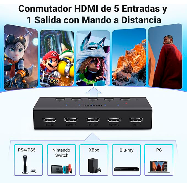 Switch HDMI UGREEN 5 en 1, 4K 60Hz, HDMI 2.0, Control Remoto, Soporta HDR, 3D, CEC, HDCP 2.2, Compatible con PS5/Xbox/Switch/TV/Fire Stick - CM568
