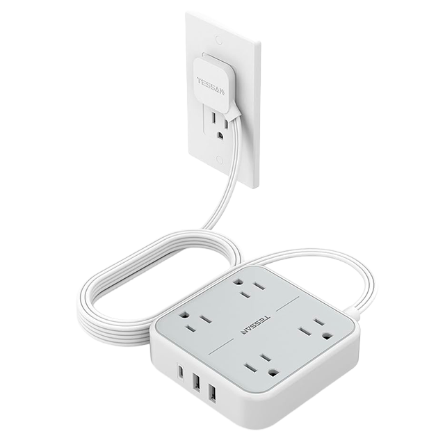 Regleta Multicontacto TESSAN, 4 salidas, 3 USB (1 USB-C), protector de sobretensión, cable plano 1.5 m, gris 