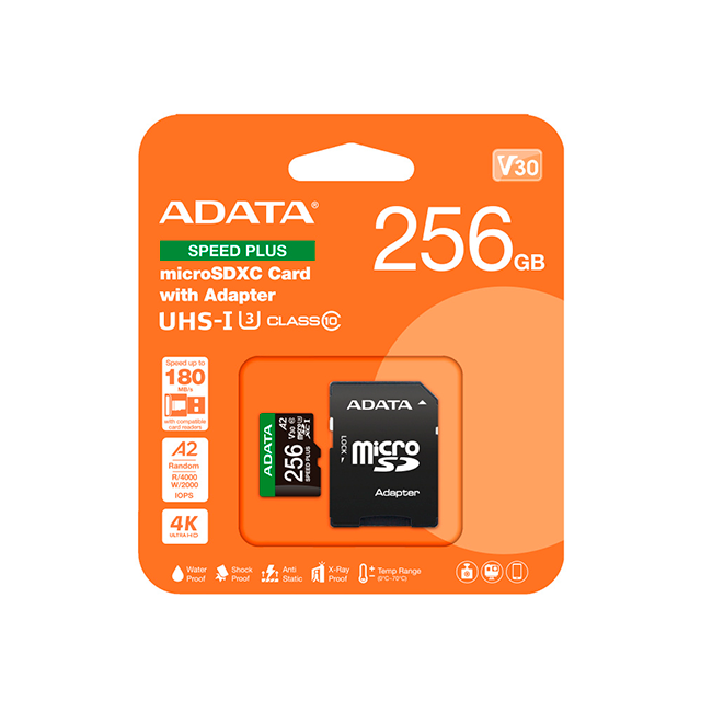 Tarjeta de Memoria MicroSD ADATA Speed Plus, 256GB, Clase 10, UHS-I, U3, V30, A2, con Adaptador – UD256GUI3V30A2SP-RA1