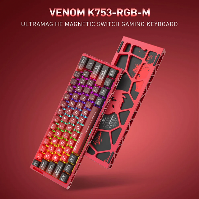 Teclado Gaming Magnético Redragon Venom K753 Red, 60%, 61 Teclas, UltraMag Hall Effect, Rapid Trigger, 8000 Hz, Aluminio CNC, RGB – K753-RGB-M