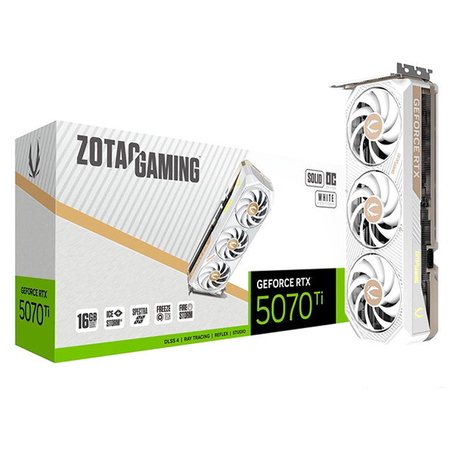 Tarjeta de Video ZOTAC GAMING NVIDIA GeForce RTX 5070 Ti SOLID OC WHITE, 16GB GDDR7, PCIe 5.0, Triple Fan – ZT-B50710Q2-10P