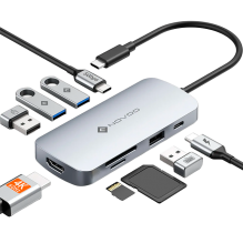 Hub USB-C Novoo 9 en 1, HDMI 4K@60Hz, 3 USB 3.0, 2 USB 2.0, USB-C PD 100W, SD/Micro SD, Cable 20cm, Color Plateado - NH09D-155A