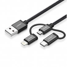 Cable UGREEN 3 en 1, USB-A a Micro USB/USB-C/Lightning, 1m, Negro - 80326