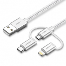 Cable UGREEN 3 en 1, USB-A a Micro USB/USB-C/Lightning, 1m, Blanco - 80825