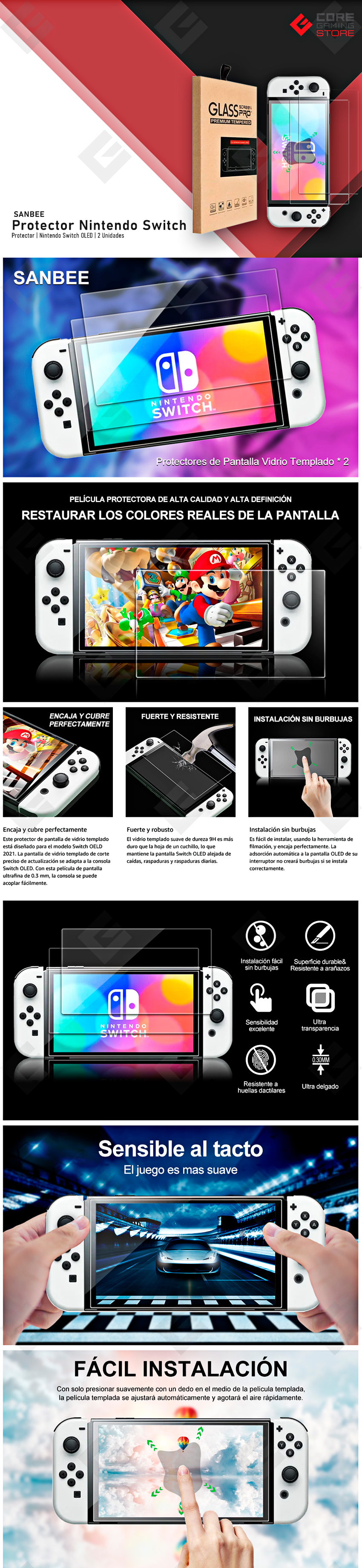 Protector Nintendo Switch OLED, Cristal Switch Mica de Pantalla Vidrio Templado 9H Doble-Reforzado Dureza Screen Protector Film, 2 Unidades