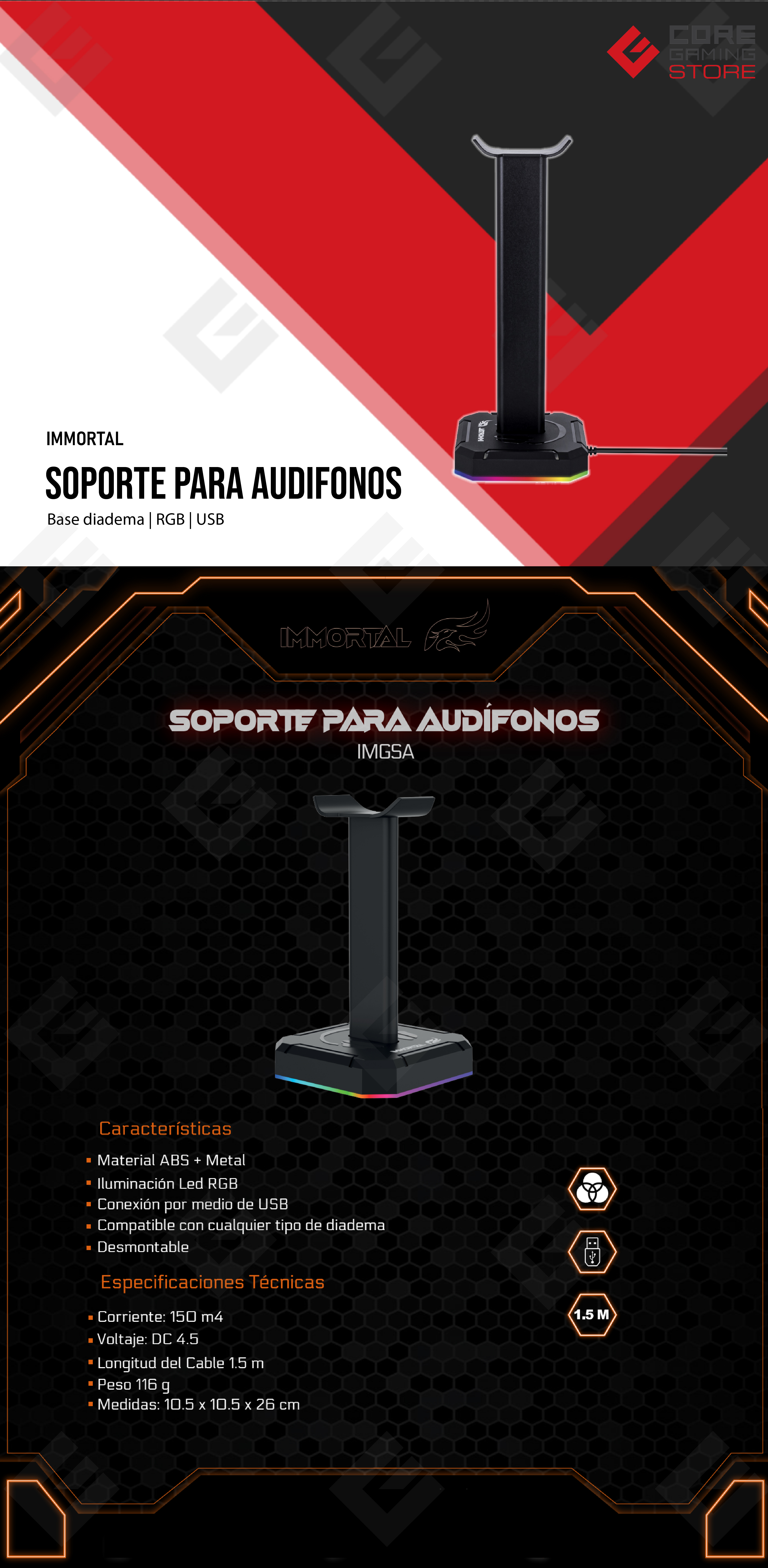 Soporte para audífonos Immortal Gaming con iluminación RGB, conexión USB - IMGSA