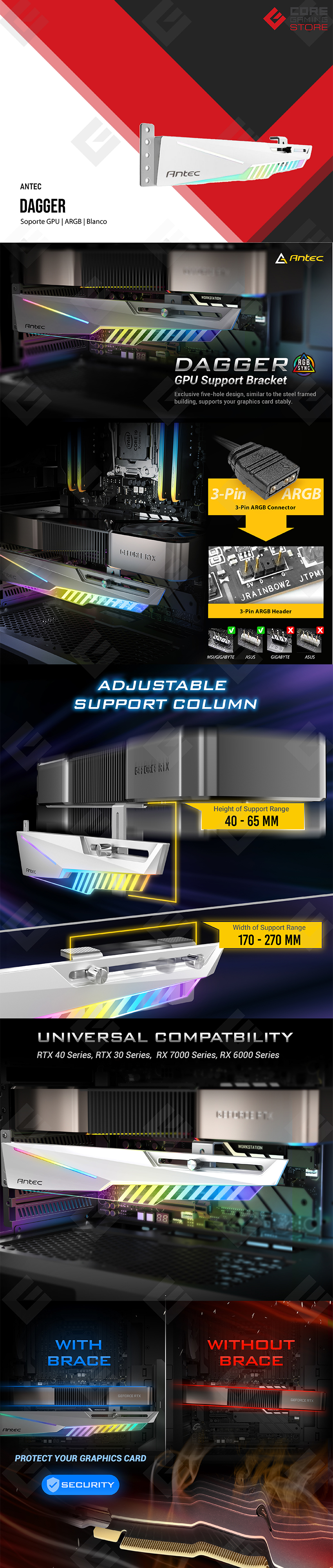 Soporte para Tarjeta de Video Antec Dagger ARGB, Vertical, Ajustable, 270mm, Blanco - AT-HGPUH-ARGB-W
