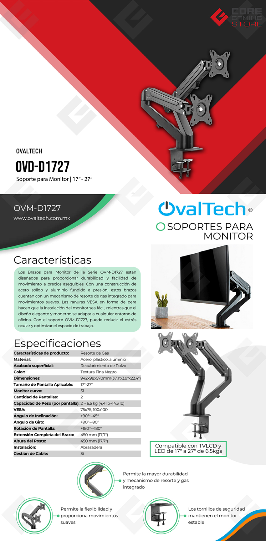 Soporte Dual de Brazo para Monitor Ovaltech OVM-D1727, Hasta 27", Sistema VESA, Inclinación +90° a -45°, Giro 360°, Gestión de Cables - OVM-D1727