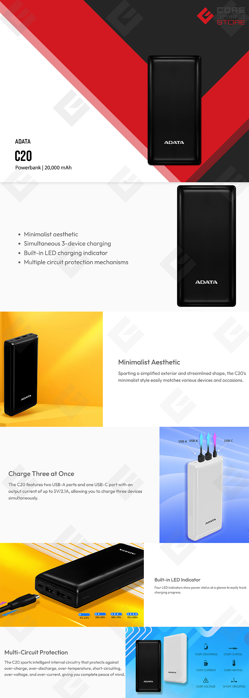 Power Bank ADATA C20 Negro, 20,000 mAh, Carga simultánea de 3 dispositivos, Indicador LED, USB-A y USB-C - PBC20-BK