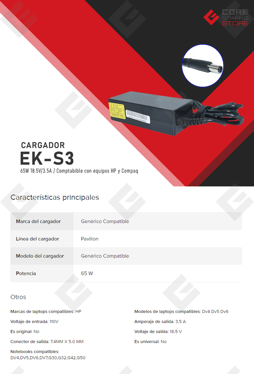 Cargador para laptop HP y Compaq EK-S3 65W 18.5V/3.5A - AC-HP-PINCENTRAL