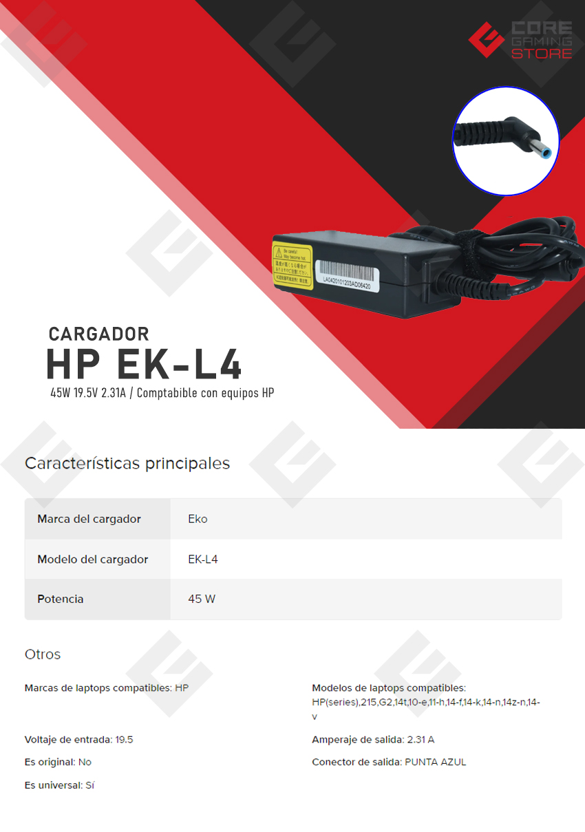 Cargador para laptop HP EK-L4 45W 19.5V/2.31A - AC-HPAZUL45W