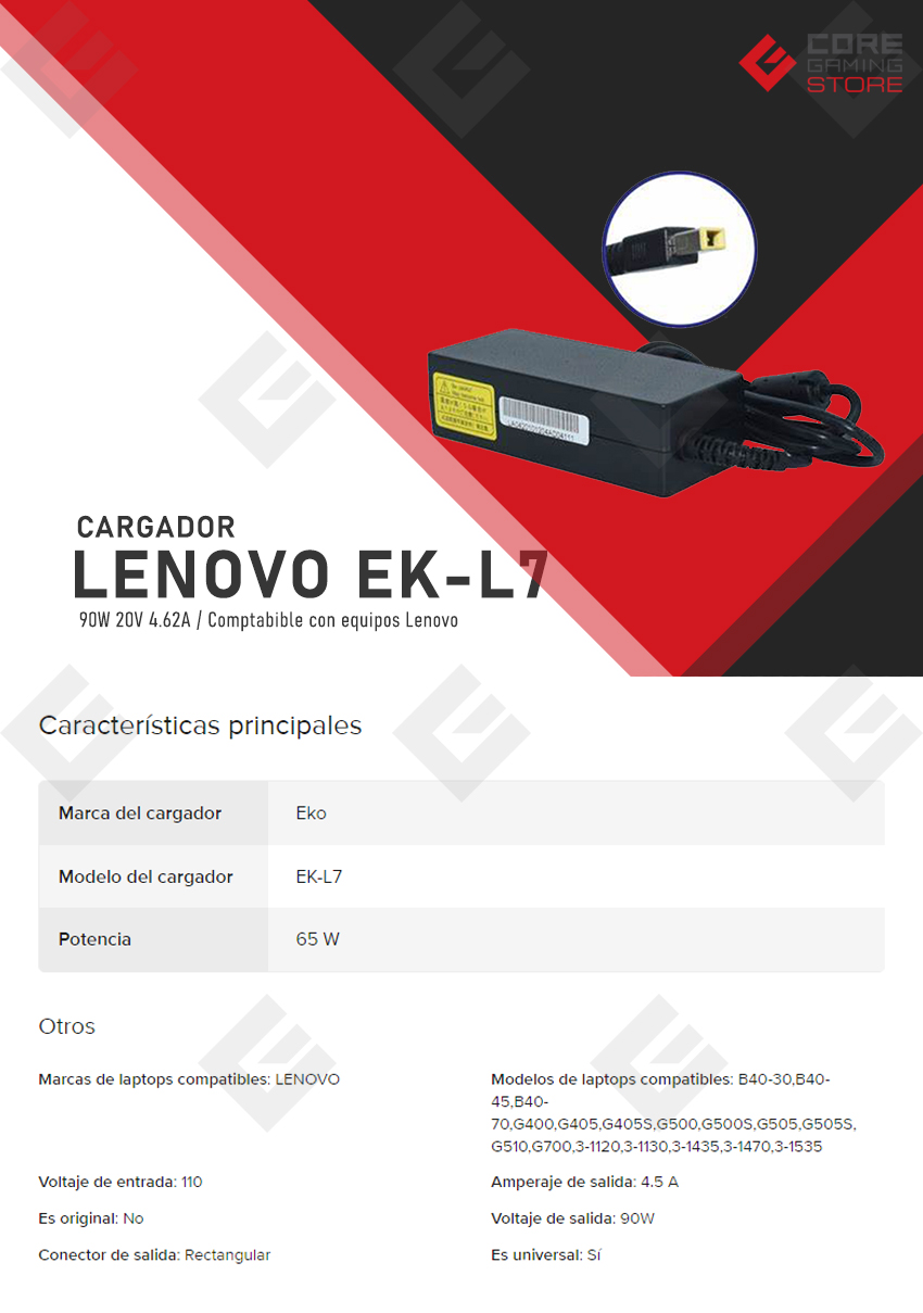 Cargador para laptop Lenovo EK-L7 90W 20V/4.5A - AC-LENOVO-CUADRADA