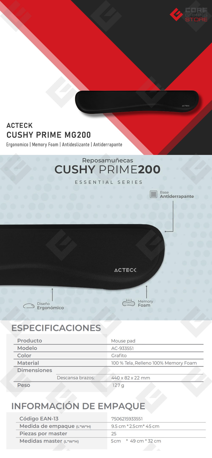 Reposa Muñecas Acteck Cushy Prime MG200, Antiderrapante, Memory Foam - AC-933551