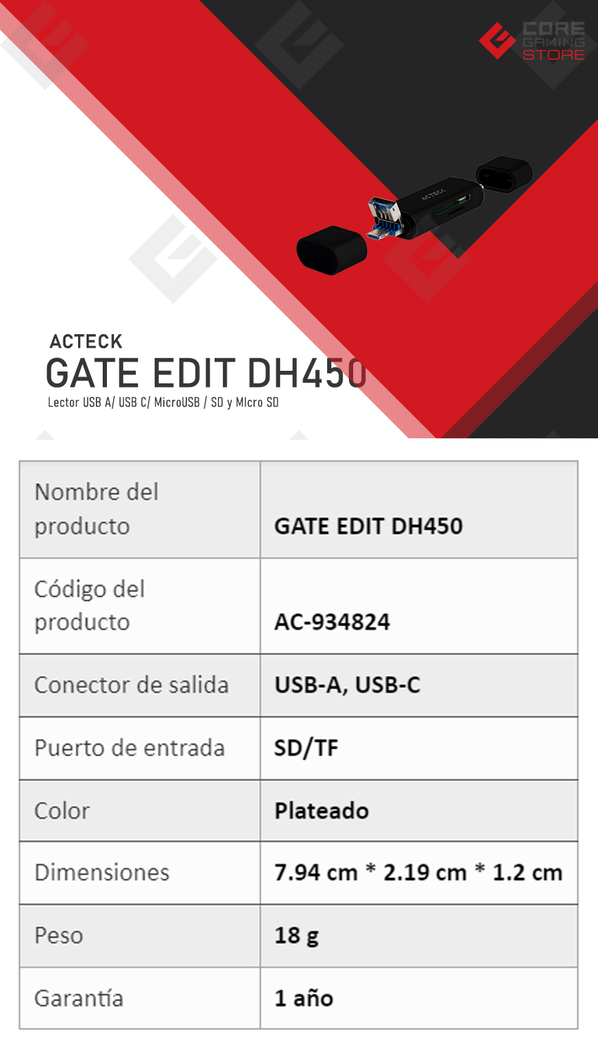 Lector USB Acteck Gate Edit DH450 USB A / USB C / MicroUSB / SD + Micro SD - AC-934824
