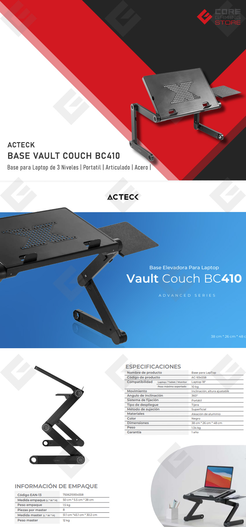 Base para Laptop tipo Escritorio Acteck Vault Couch BC410, 3 Niveles, Articulado, Soporte para Mouse, Hasta 18'' - AC-934558