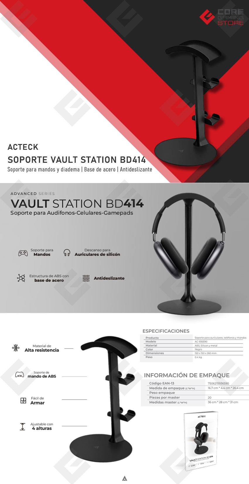 Base para Escritorio Acteck Vault Station BD414, Audífonos, Celulares, Controles de Videojuegos, 4 Puntos de Ajuste - AC-936590