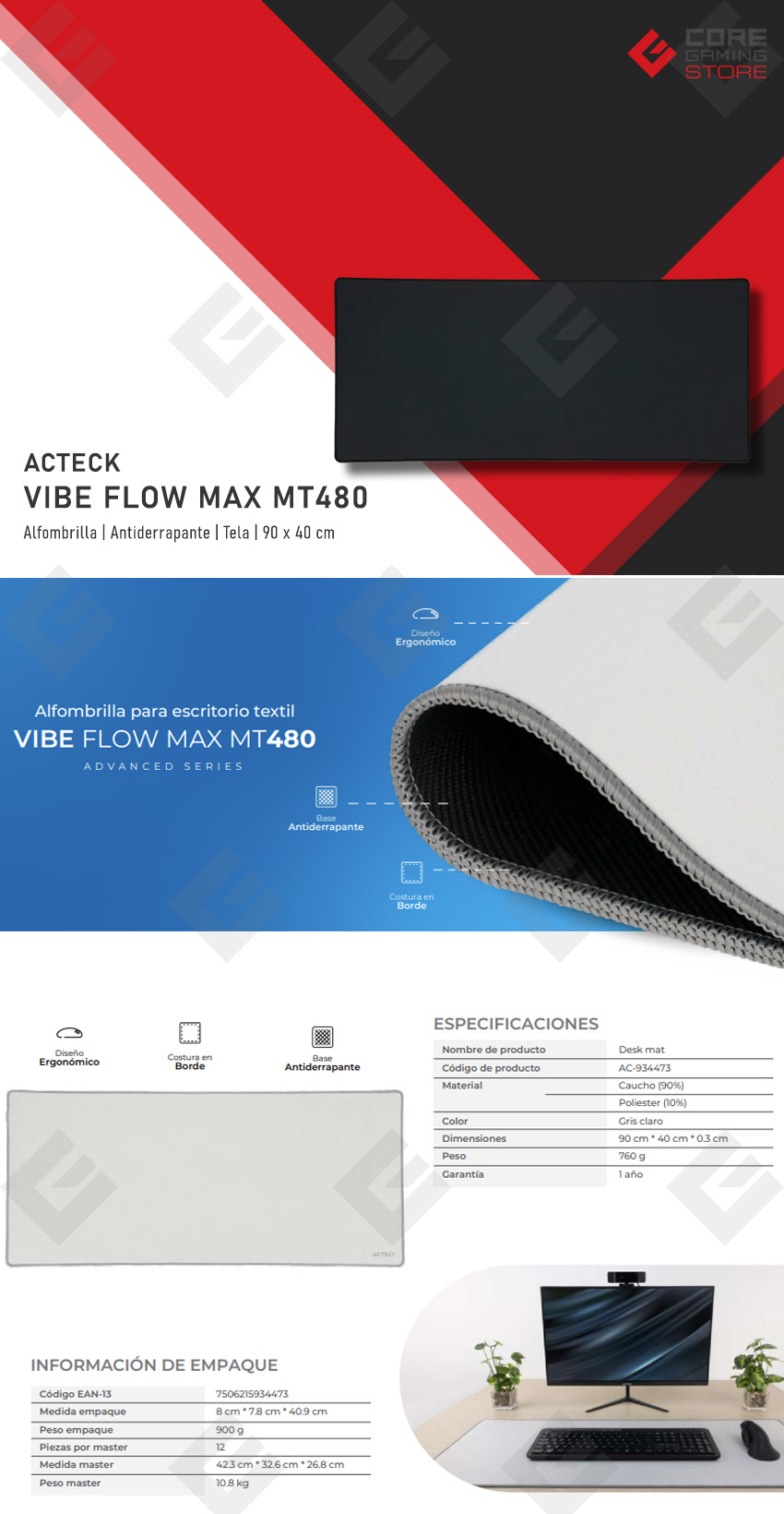 Reposa Muñecas Acteck Vibe Flow Max MT480, 90 x 40 cm , Antiderrapante - AC-934466