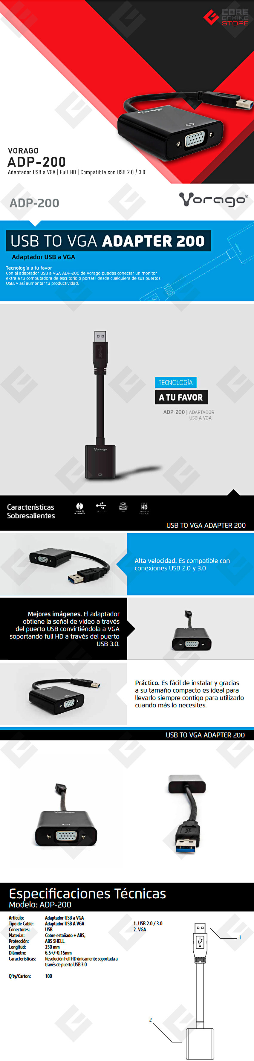 Adaptador Vorago ADP-200, USB a VGA, Compatible con USB 2.0 y 3.0, Full HD - ADP-200