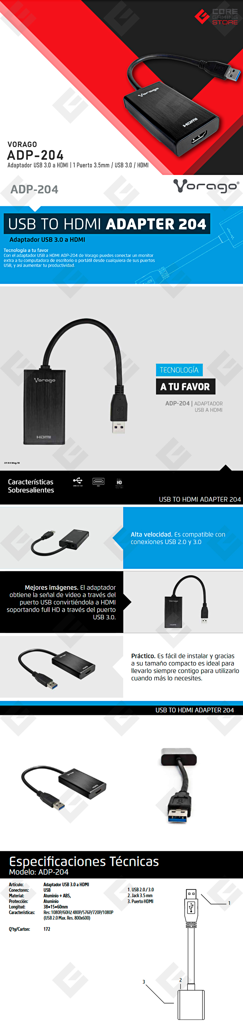 Adaptador Vorago ADP-204, USB 3.0 a HDMI, Incluye un Puerto 3.5mm - ADP-204