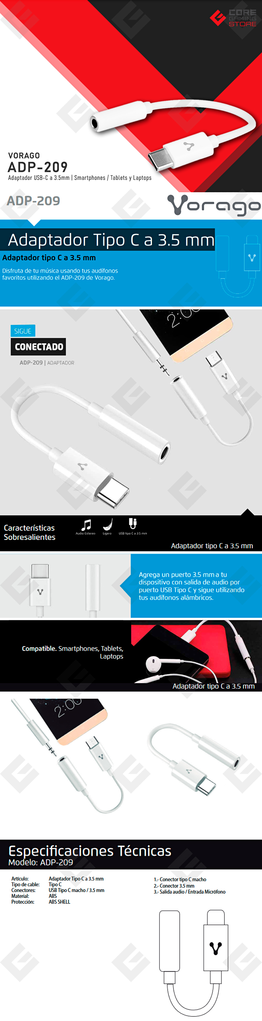 Adaptador Vorago ADP-209, USB-C a 3.5mm, Compatible con Smartphones / Tablets y Laptops - ADP-209