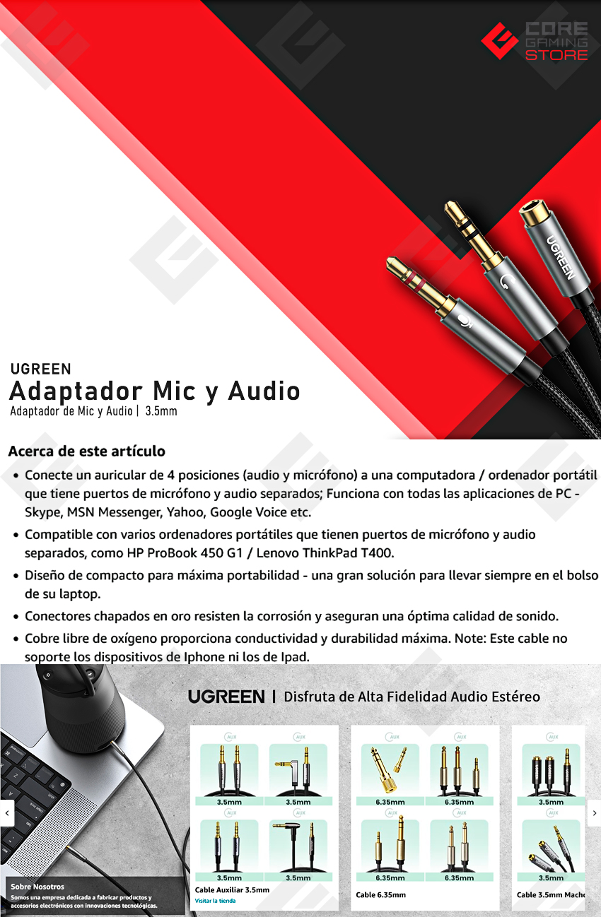 Adaptador UGREEN Cable de Divisor de 2 Clavijas de Auricular/Micrófono Separadas 3.5mm Macho a Mic y Audio 3.5mm Hembra para Auriculares, Carcasa de Aluminio - B073ZDDTH2