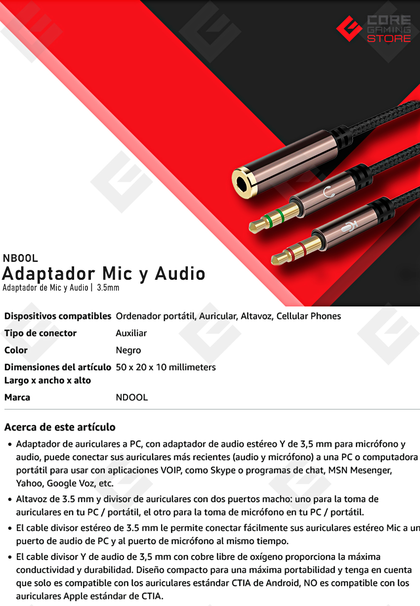 Adaptador NDOOL Mic y Audio Negro, Cable Audio 3.5mm a Doble 3.5mm para los Auriculares de Micrófono y Audifono Separada, PS4, Laptop, Altavoz, Chapado en Oro - ‎JP-ZJX-117