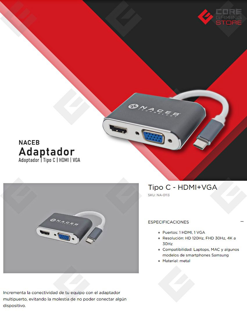 Adaptador Naceb Tipo C , HDMI, VGA - NA-0113