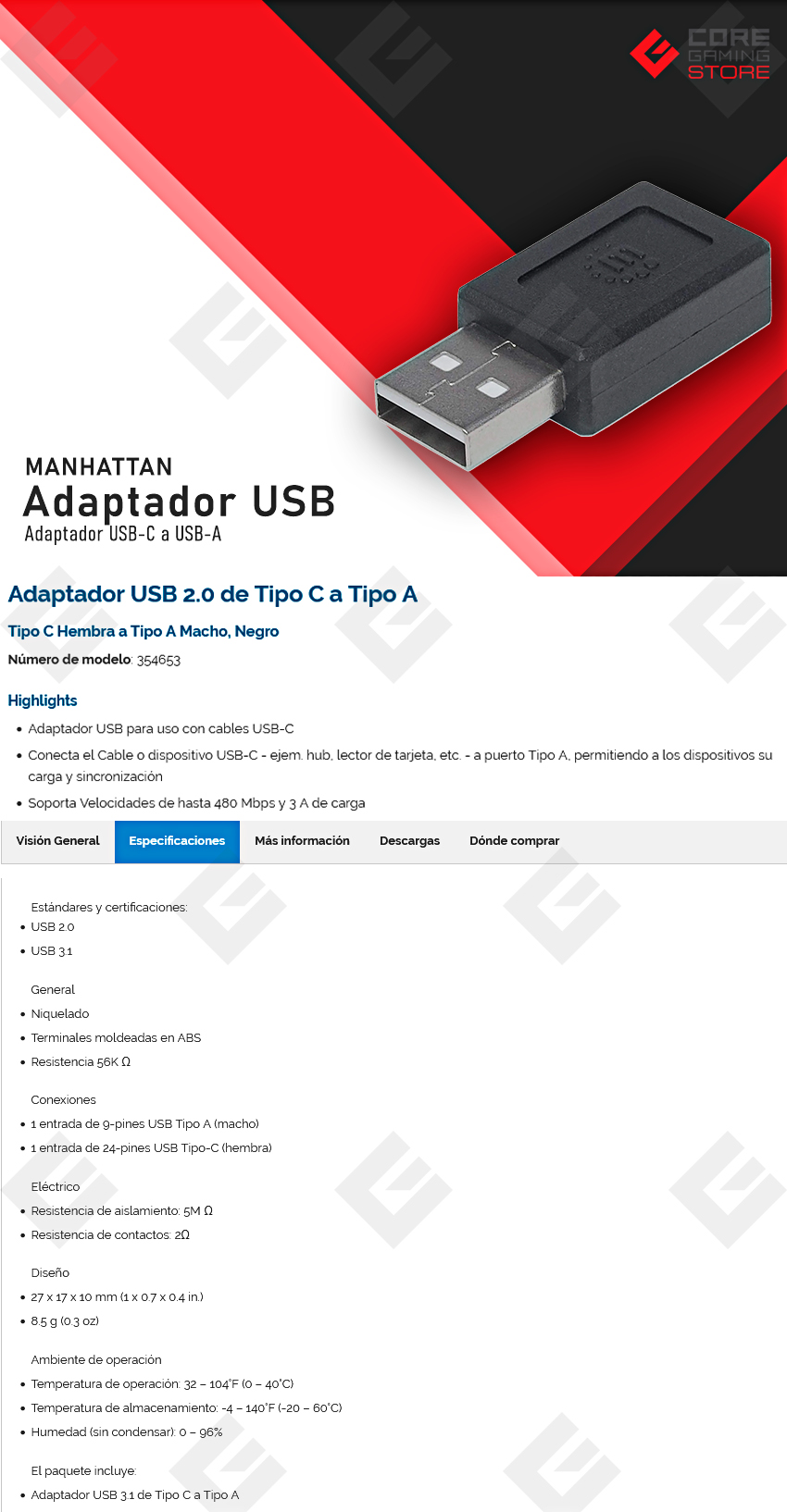 Adaptador USB 2.0 Manhattan de USB-C a USB-A - 354653 