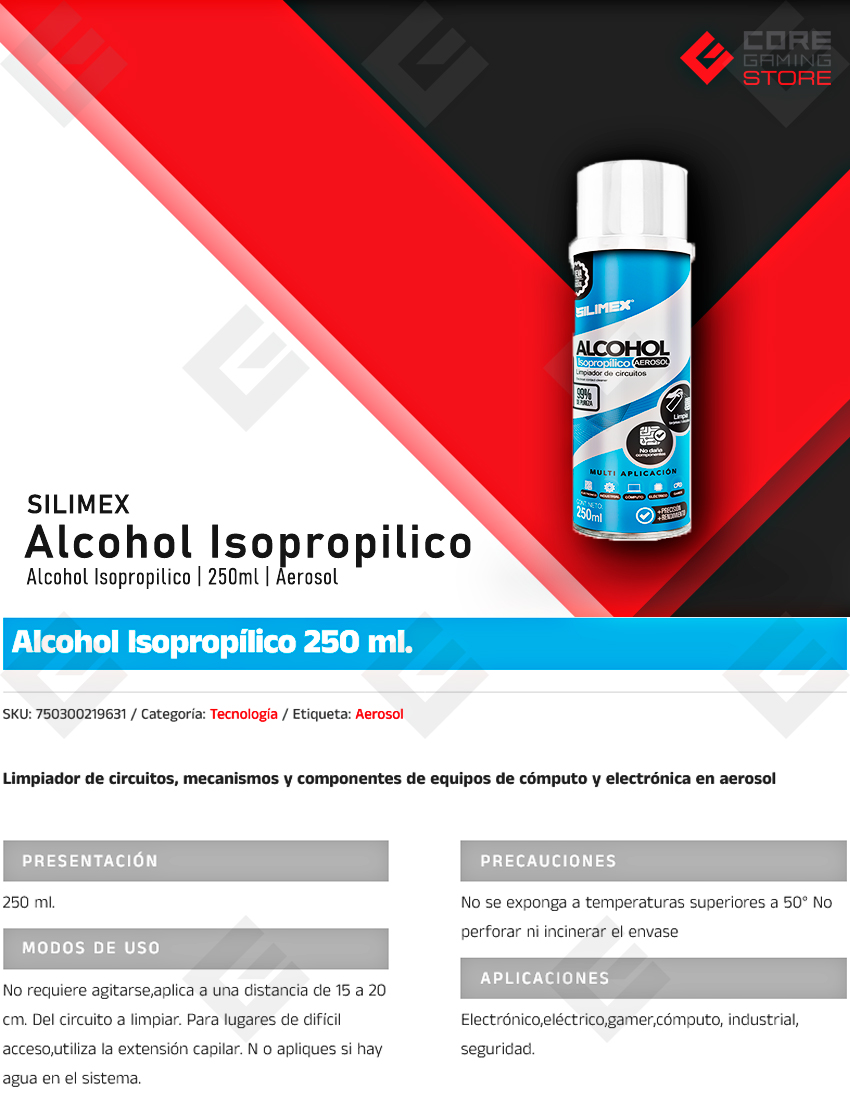 Alcohol Isopropílico en Aerosol Silimex 250ml | Elimina Polvo y Residuos | Rápida Evaporación - SLXLMP520  
