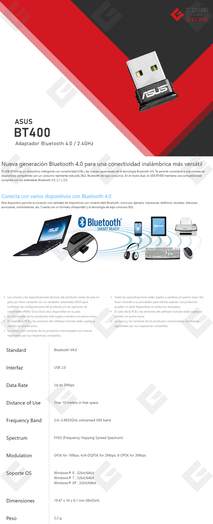 Adaptador Bluetooth Asus BT400, Bluetooth 4.0, 2.4GHz - USB-BT400