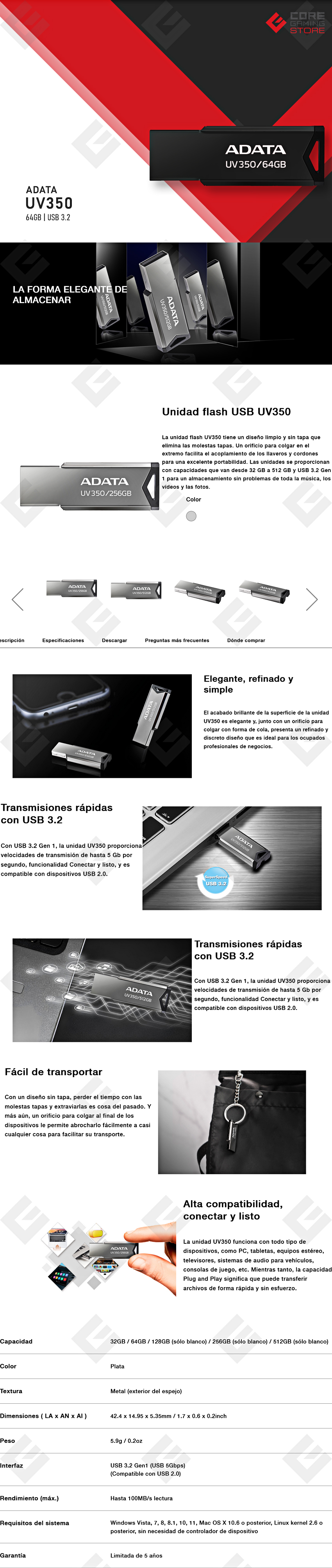 Memoria USB Adata UV350 64GB | Negra | USB 3.2 - AUV350-64G-RBK
