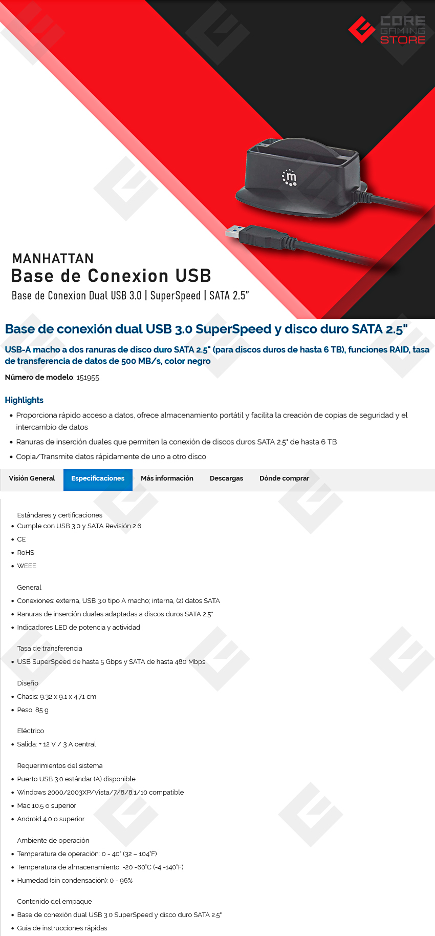 Base de Conexión Manhattan, Dual USB 3.0 SuperSpeed y HDD SATA 2.5" - 151955  