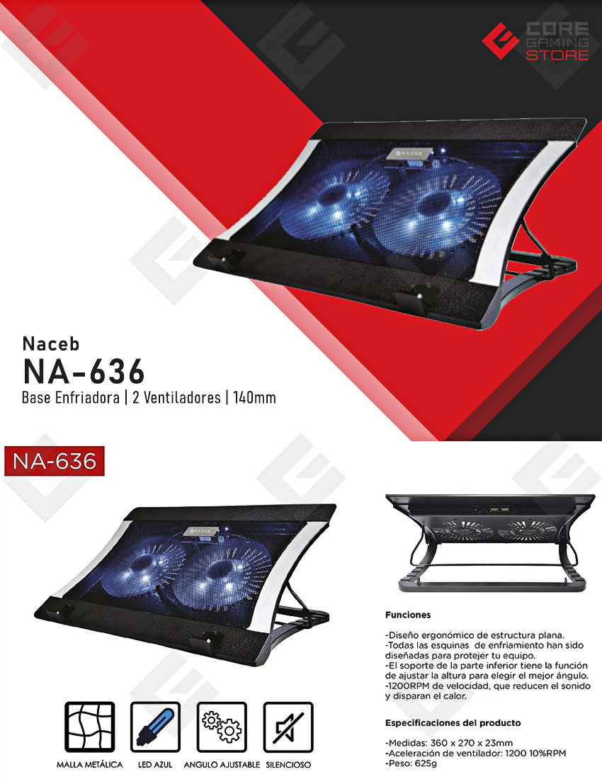 Base Enfriadora para Laptop Naceb NA-636 | 2 Ventiladores | Luces LED - NA-636