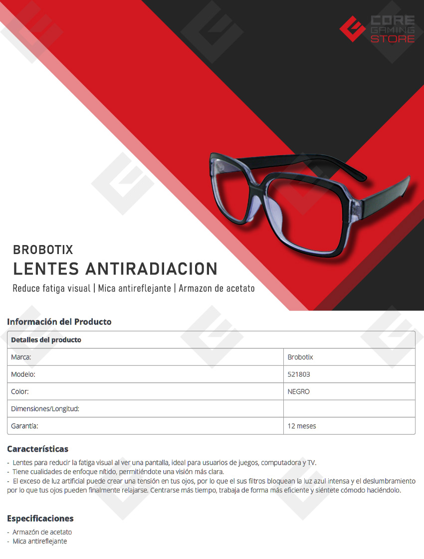 Lentes Antiradiacion Gamer para PC BRobotix, Negro, Mica Antireflejante - 521803