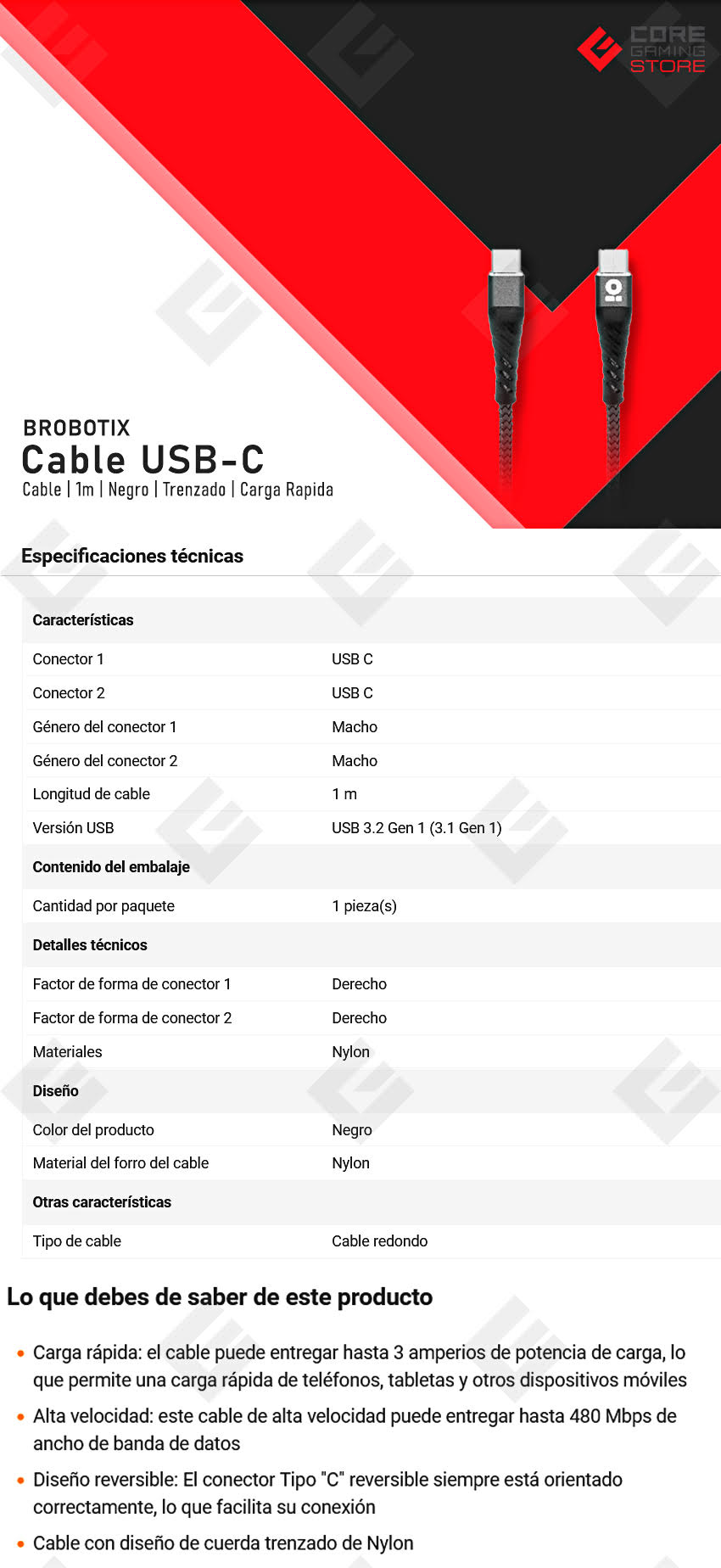 Cable USB Brobotix, Macho/Macho, 1 m, Negro, Carga Rapida - 963562