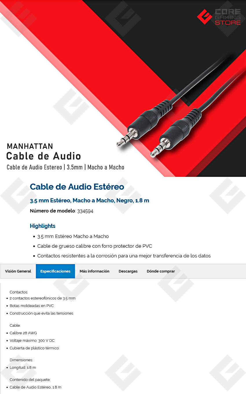 Cable de Audio Estéreo Manhattan, 3.5mm, Macho a Macho - 334594 