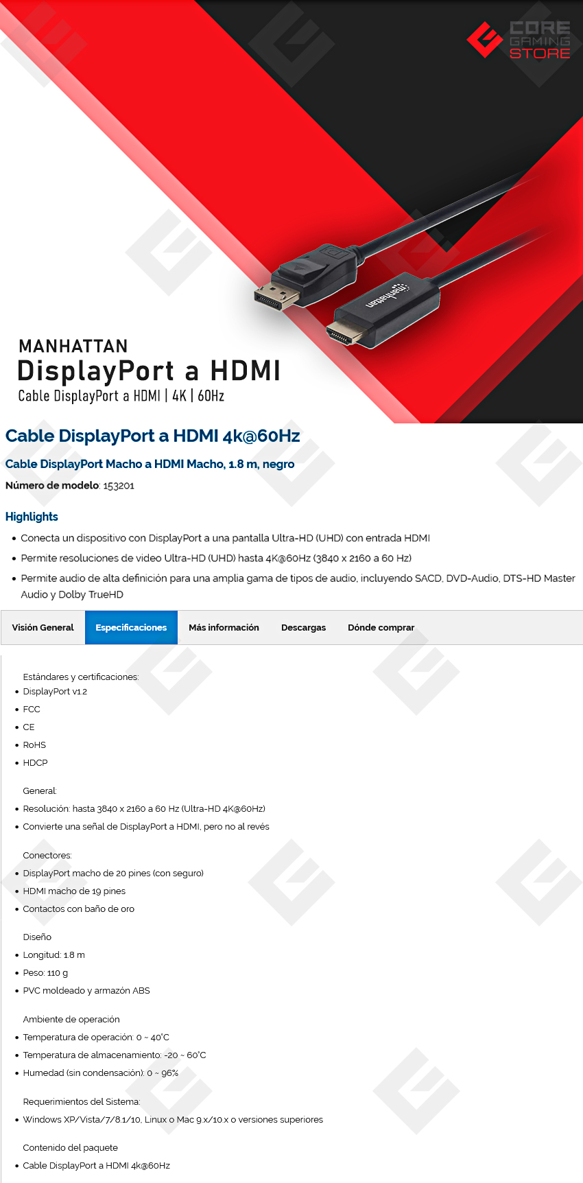 Cable DisplayPort a HDMI Manhattan, 4K, 60Hz - 153201