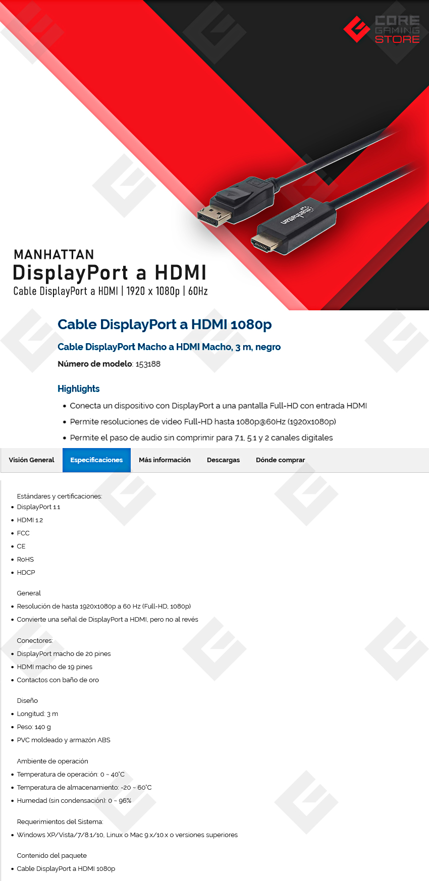 Cable DisplayPort a HDMI Manhattan, 1080p, 60Hz, 3m - 153188 