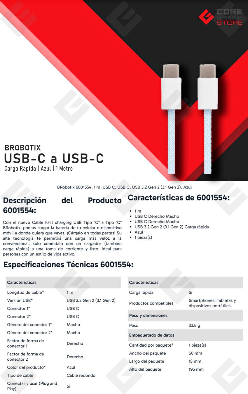 Cable Brobotix USB-C a USB-C, Azul, 1 Metro - 6001554