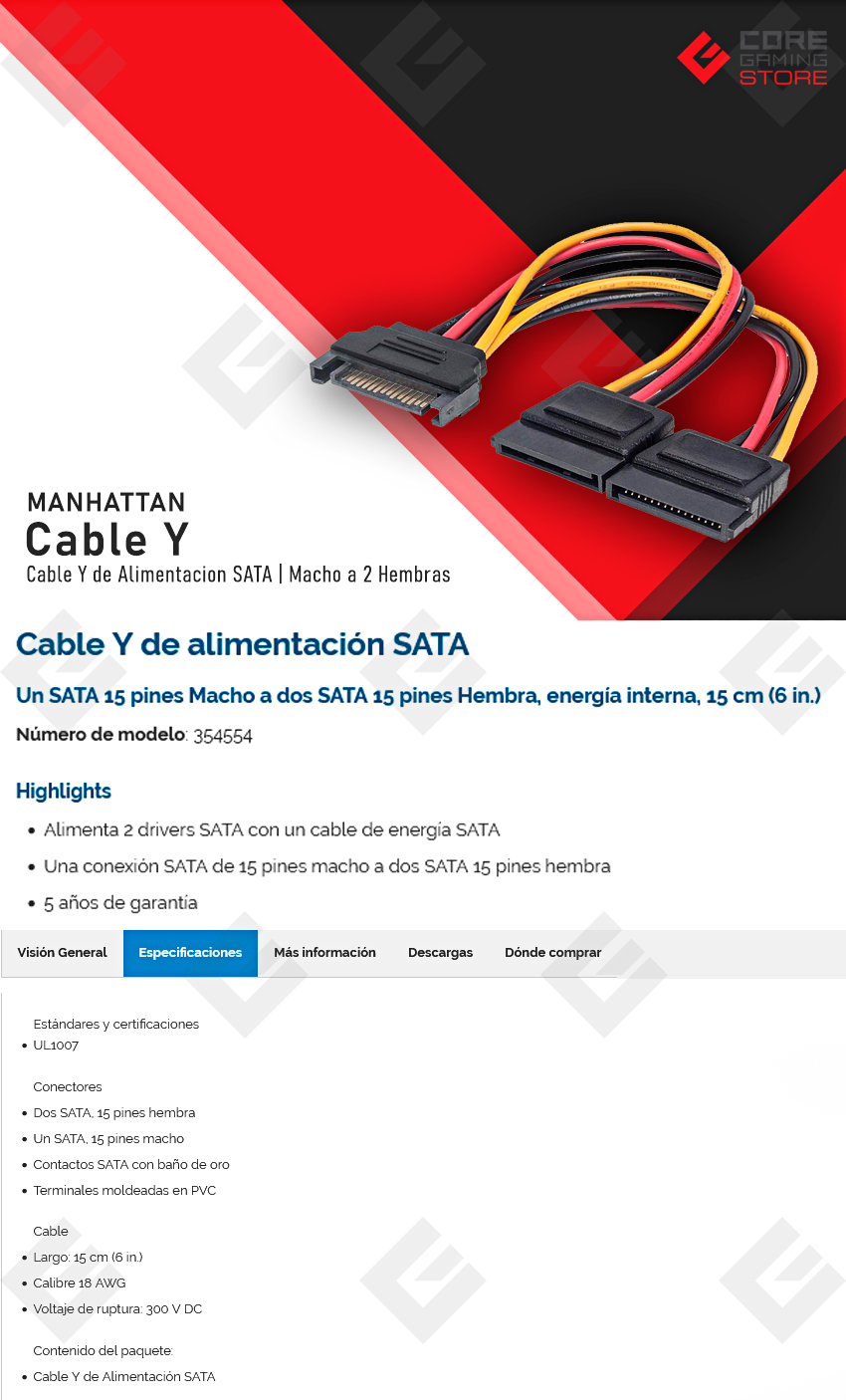 Cable Y de alimentación SATA Manhattan, Macho SATA a Dos Hembras SATA - 354554 