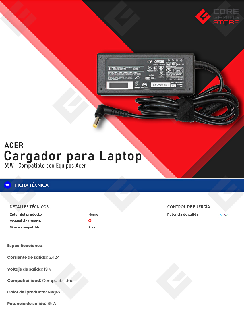 Cargador para laptop Acer, 65W 18.5V/3.42A 